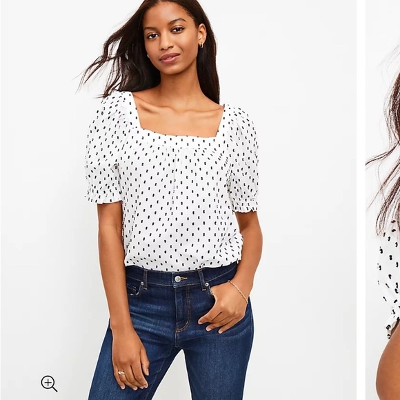 LOFT Tops - Loft Clip Sleeve Square Neck Puff Short Sleeve Top Black White Swiss Dot